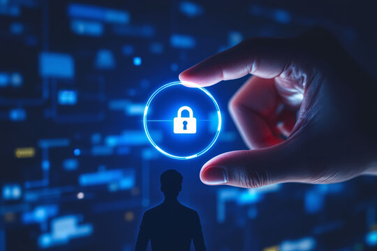 Cyber Security Concept: Hand Activating Digital Lock Icon on Blue Background, Data Protection, Online Safety, and Privacy Technology - Powered by Adobe