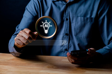 Person Holding Magnifying Glass with AI Symbol and Smartphone on Table, Exploring Intelligent Technology and Innovations in Digital World