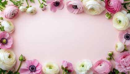 Elegant pink and white flowers frame a pastel pink background, perfect space