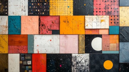 Mosaic art with patterns on collages, blocks, and designs used for vintage wallpaper. Creative color prints for retro interior designs or abstract geometric layouts, Generative AI