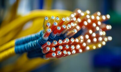 Abstract background with fiber optic cables for high-speed electric currents and technology. Digital signal connectivity patterns used in software circuits for modern applications, Generative AI