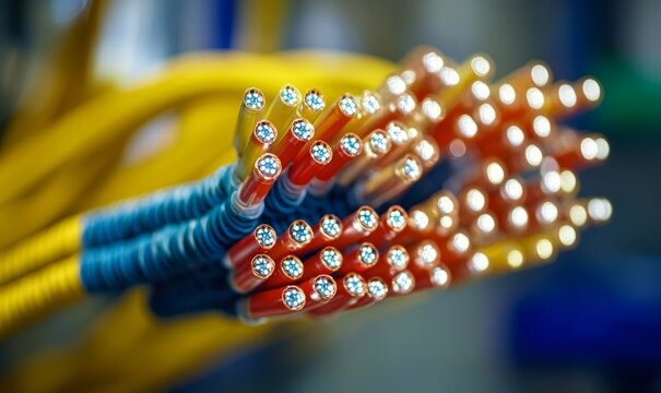 Abstract background with fiber optic cables for high-speed electric currents and technology. Digital signal connectivity patterns used in software circuits for modern applications, Generative AI