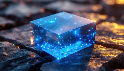 Futuristic glowing cube illuminating digital networks in a modern world