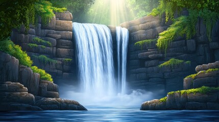 Sunlit waterfall cascading over mossy rocks into a tranquil pool.