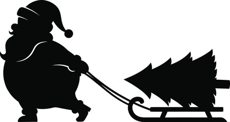 Festive Santa Claus silhouette pulling a Christmas tree on a sled, spreading holiday cheer and winter magic for seasonal designs and cards