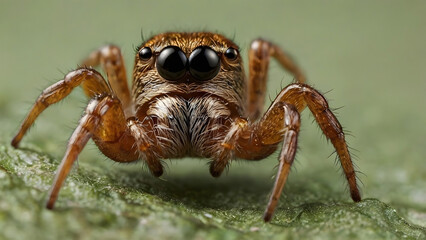 Close-up macro of a jumping spider wearing tiny round glasses, funny insect