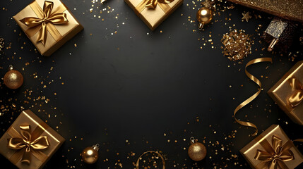 Luxury New Year Flat Lay with Dark Black Background and Gold Decorations