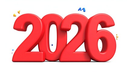 Bold 3D red numbers 2026 with confetti, set against a crisp white background