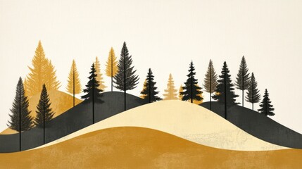 Abstract autumnal landscape with hills and stylized trees in gold and black.