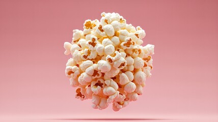 A spherical cluster of freshly popped popcorn floats against a soft pink background, creating a whimsical and inviting visual.