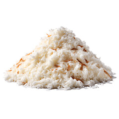 Heap of freshly grated coconut, isolated on a white background, ideal for culinary presentations.