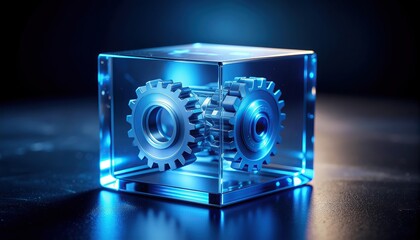 Modern gears encased in a vibrant cube, showcasing engineering innovation
