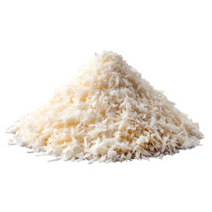 Mound of shredded coconut, perfect for baking or garnishing, isolated on a white background.