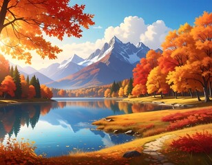 Scenic autumn landscape featuring a lake, mountains, and colorful trees