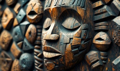 Traditional African wood carvings and geometric patterns for cultural decoration. Indigenous artwork featuring 3D and abstract designs for spiritual and dynamic expressions, Generative AI