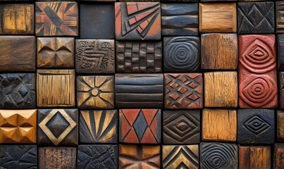 Traditional African wood carvings and geometric patterns for cultural decoration. Indigenous artwork featuring 3D and abstract designs for spiritual and dynamic expressions, Generative AI