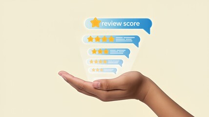 A hand carefully holds a spectrum of star ratings representing customer reviews and feedback with a clear indication of a high review score.
