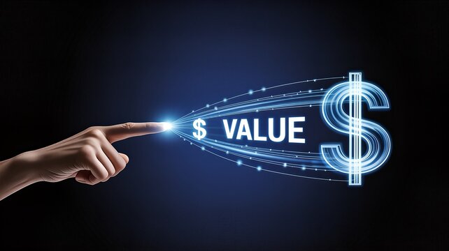 A finger points to a glowing "VALUE" symbol that transforms into a dollar sign against a dark, abstract background, illustrating financial concepts. - Powered by Adobe