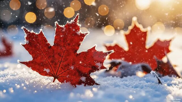 Red maple leaf covered in frost and snow with golden bokeh background
