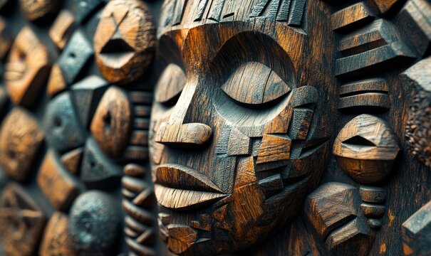Traditional African wood carvings and geometric patterns for cultural decoration. Indigenous artwork featuring 3D and abstract designs for spiritual and dynamic expressions, Generative AI - Powered by Adobe