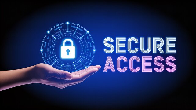 A hand holds a glowing digital padlock representing secure access and data protection against a dark, futuristic background.