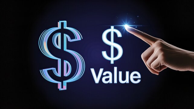 A finger points to a glowing dollar sign symbolizing financial value and investment concepts, against a dark, abstract background.