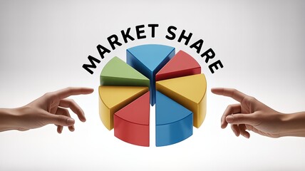 Two hands reach towards a colorful pie chart representing market share, symbolizing competition and growth opportunities.