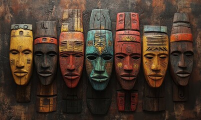 Mask art with African carvings, featuring abstract and creative designs of tribal symbols and spiritual faces. Vintage-style wall dcor with cultural textures, Generative AI
