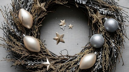 Elegant holiday wreath with golden stars and ornaments, perfect for adding festive cheer to your home decor this Christmas season celebration