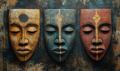 Mask art with African carvings, featuring abstract and creative designs of tribal symbols and spiritual faces. Vintage-style wall dcor with cultural textures, Generative AI