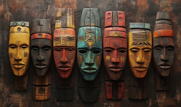 Mask art with African carvings, featuring abstract and creative designs of tribal symbols and spiritual faces. Vintage-style wall dcor with cultural textures, Generative AI