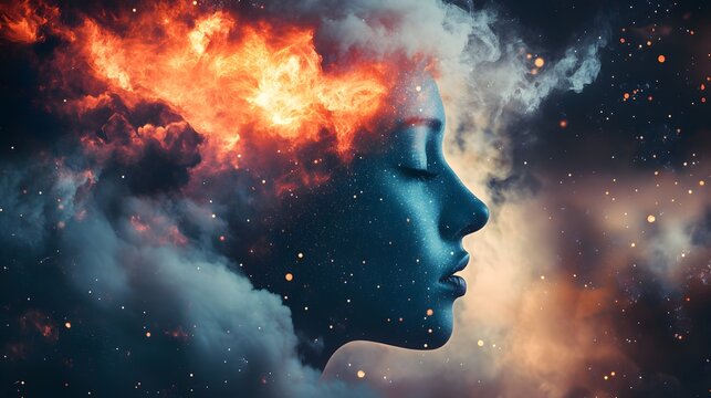 A woman's face is enveloped in flames and clouds, symbolizing passion, power, and the intensity of emotions.