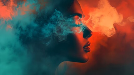 A woman's face is partially obscured by colorful smoke. The smoke is in shades of blue and orange, and the woman's face is lit from the side.