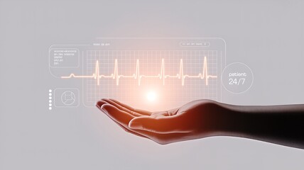 A human hand cradles a glowing representation of an electrocardiogram (ECG) waveform, symbolizing care and advanced medical technology in healthcare.