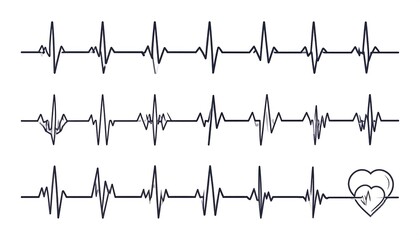 Three lines displaying varying heartbeat wave patterns, the bottom line ends with two connected heart outlines