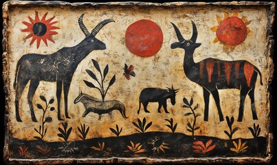 African tribal painting of wildlife with cave art styles, showing animals in nature. Creative caveman brush strokes used for indigenous cultural representation, Generative AI