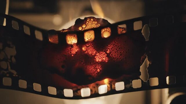 Close up view of bubbles forming on film reel with warm light effect