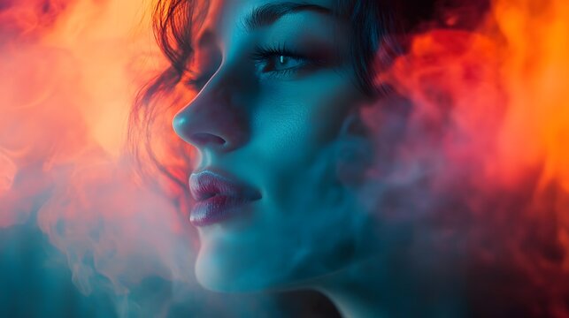 A woman's face is partially obscured by colorful smoke, creating a mysterious and ethereal look.