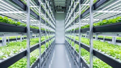 Vertical Farming Indoor Agriculture System with Rows of Green Plants.