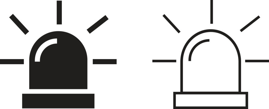 Emergency siren alarm icon set. Flashing warning light symbols in flat and outline styles, ideal for safety alerts, emergency notifications, security diagrams, professional and hazard response.