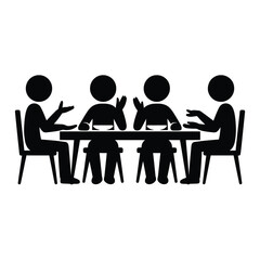 Four stick figures in silhouette sitting at a table discussing ideas