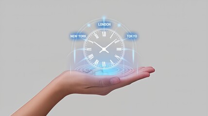 A hand presents a futuristic holographic clock displaying different time zones from around the world, symbolizing global connectivity and time management.