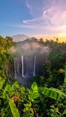 Scenic waterfall scene with lush greenery and mountain backdrop