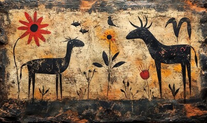 African tribal painting with wildlife motifs for cave art, illustrating natural elements and creative caveman-style drawings. Decorative pieces using indigenous history and culture, Generative AI