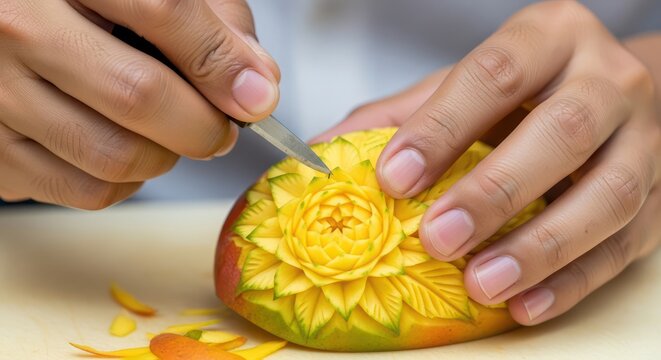 Detailed mango carving demonstrating culinary artistry and traditional fruit decoration techniques
