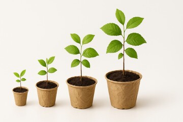 Top view four small young trees in round biodegradable paper pots with dark soil arranged in gentle growth curve