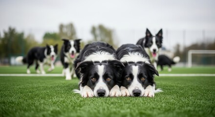 Charming border collies relaxing on verdant turf, showcasing their playful camaraderie