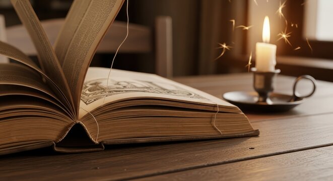 Vintage ambiance created by an old book and lit candle invoking cozy and intellectual atmosphere