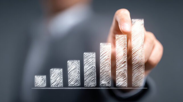 Business growth concept with hand pointing at rising bar chart showing success and progress