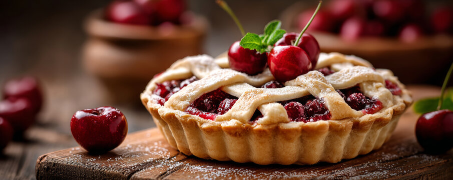 Cherry pie with lattice crust topped with fresh cherries and mint on wooden board with powdered sugar